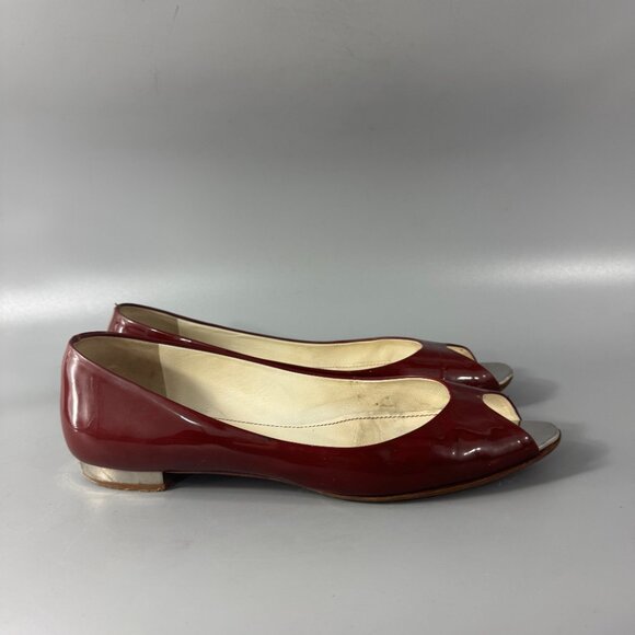 100% Authentic CHANEL Red Patent Mirrored Peep Toe Flats, Size 40 - Picture 2 of 14